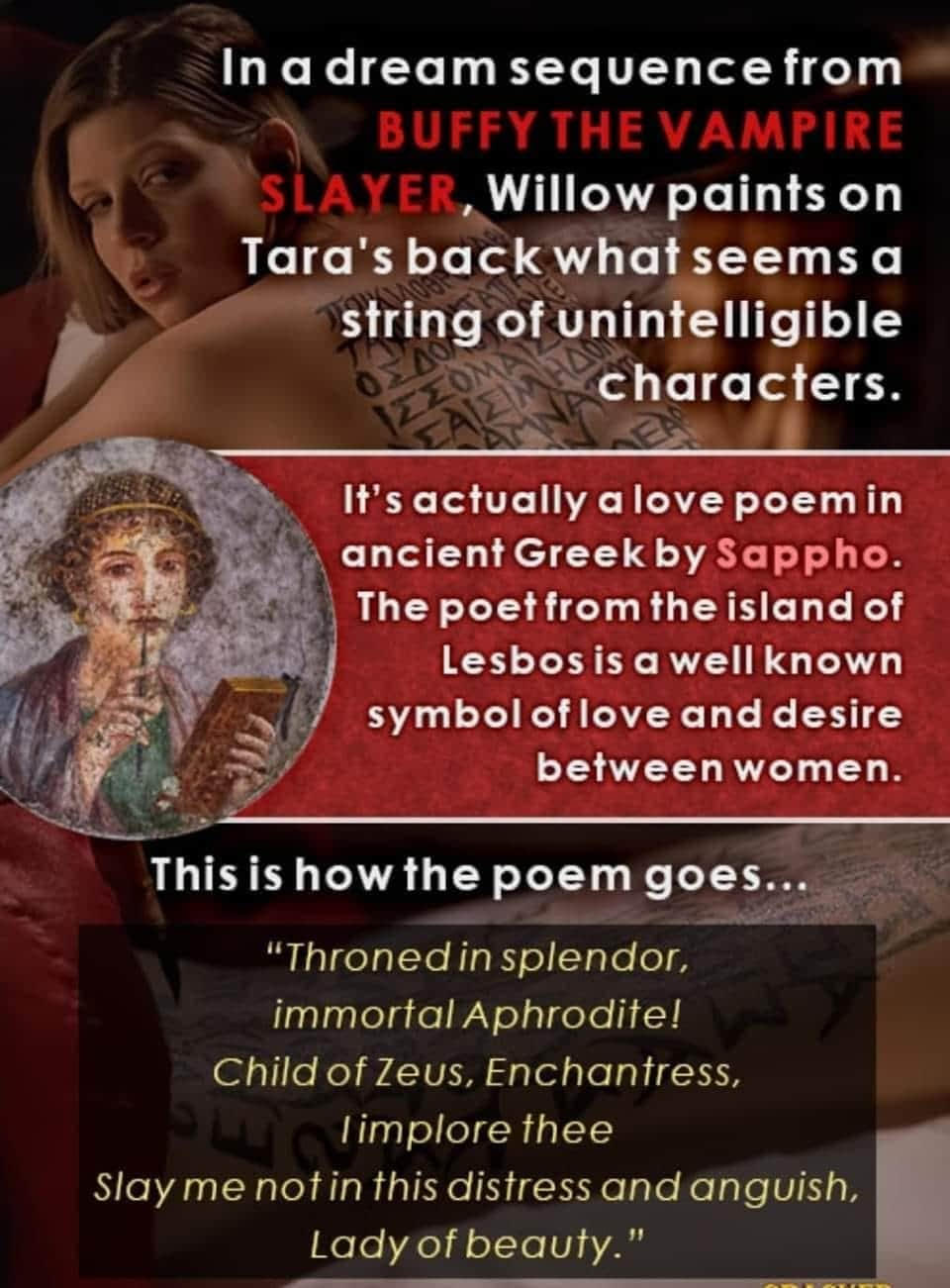 Tara from Buffy the vampire slayer. Poem written on her back, origin story.